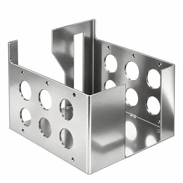 Custom fabricated stainless steel perforated mounting enclosure with circular cutouts, pre-drilled fixing holes, and integrated support panels in a brushed silver finish.