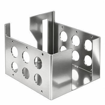 Custom fabricated stainless steel perforated mounting enclosure with circular cutouts, pre-drilled fixing holes, and integrated support panels in a brushed silver finish.