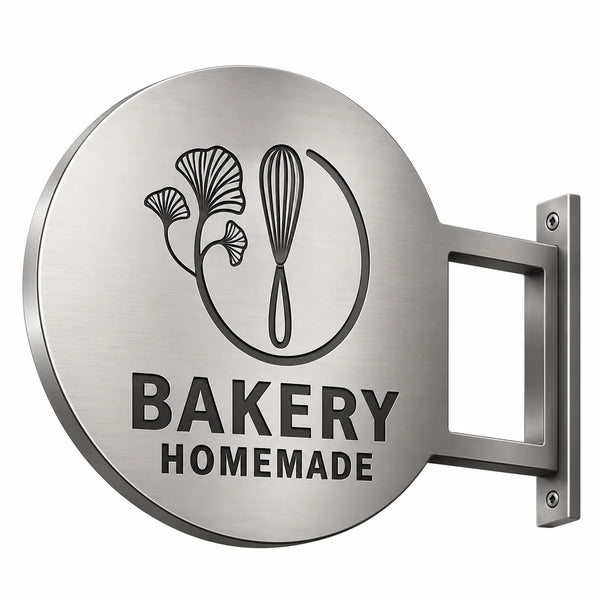 Round brushed stainless steel bakery wall sign featuring a black bakery logo, BAKERY HOMEMADE lettering, and a modern projecting metal mounting bracket.