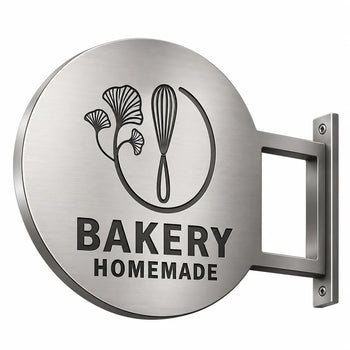 Round brushed stainless steel bakery wall sign featuring a black bakery logo, BAKERY HOMEMADE lettering, and a modern projecting metal mounting bracket.