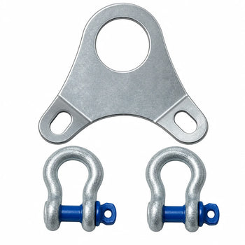 Heavy-duty galvanized steel lifting anchor plate with one large circular hole, two slotted mounting holes, and two bow shackles featuring blue removable pins.