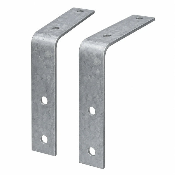 Heavy-duty galvanized steel L-shaped support brackets, 2-piece set, featuring pre-drilled mounting holes and a corrosion-resistant silver finish on a white background.