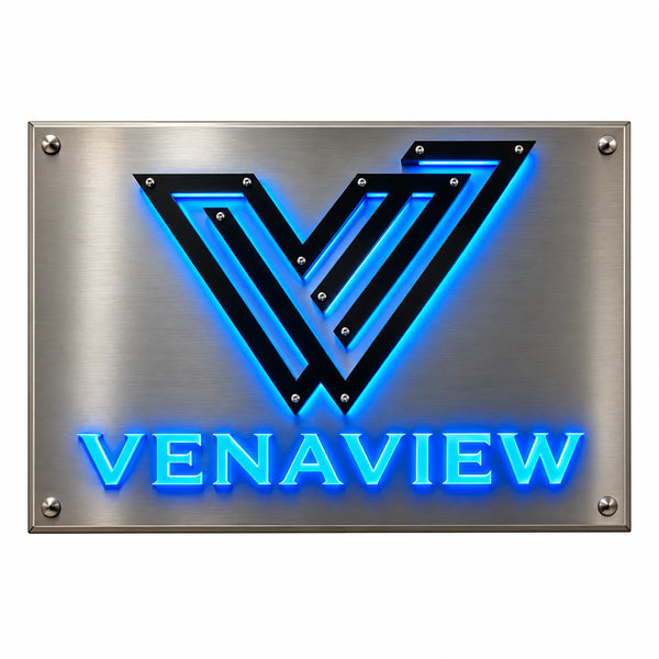 Modern brushed stainless steel business wall sign featuring a blue LED backlit VENAVIEW logo and illuminated lettering with decorative corner fixings.