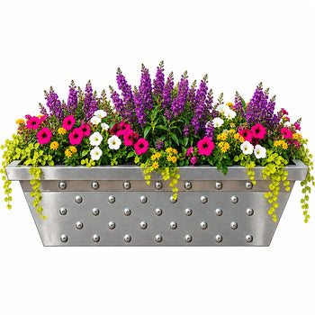 Modern rectangular silver metal flower planter with decorative rivets, vibrant purple, pink, white and yellow flowers, and cascading green foliage.