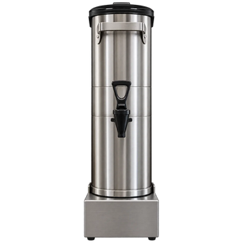 Commercial stainless steel beverage dispenser with a brushed silver finish, black dispensing tap, secure lid, integrated carry handle, and heavy-duty elevated stand.