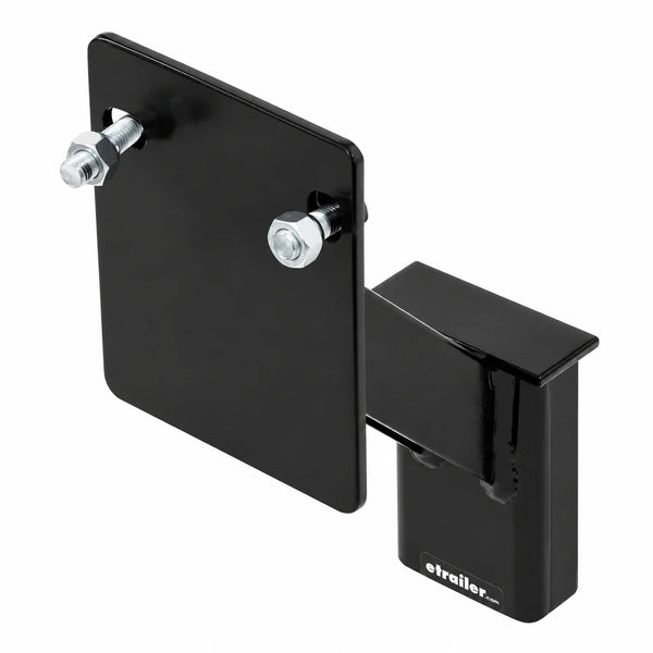 Heavy-duty black steel bolt-on mounting bracket with rectangular metal plate, two silver fixing bolts, and integrated support arm on a white background.