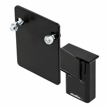 Heavy-duty black steel bolt-on mounting bracket with rectangular metal plate, two silver fixing bolts, and integrated support arm on a white background.